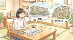特養と有料老人ホームを思い浮かべて施設を比較検討する女性のイラスト