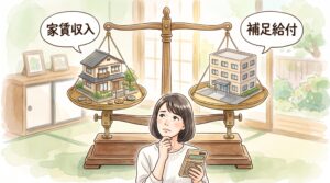 実家の家賃収入と介護施設の補足給付を天秤にかけて、電卓を手に考える女性のイラスト