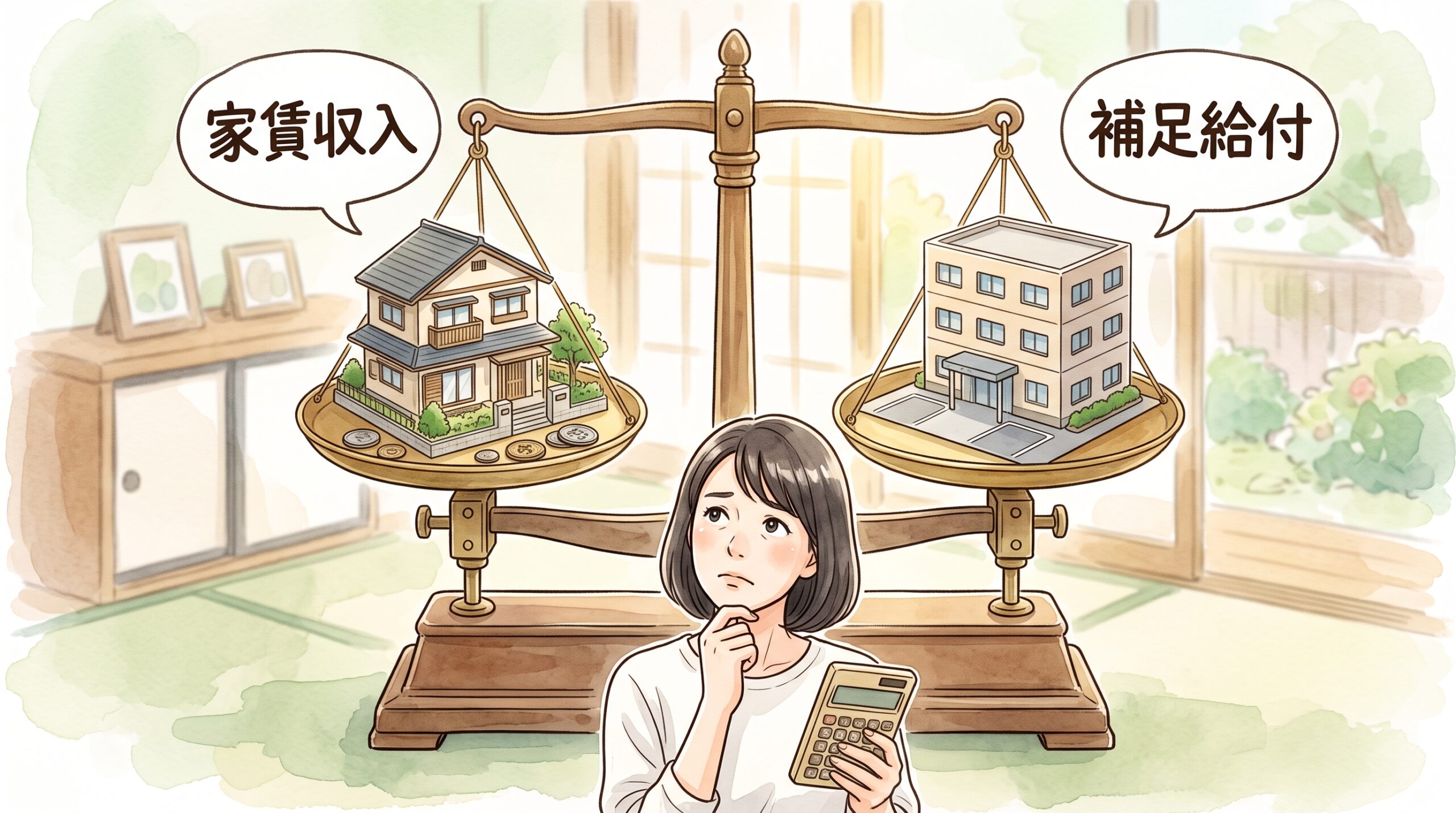 実家の家賃収入と介護施設の補足給付を天秤にかけて、電卓を手に考える女性のイラスト
