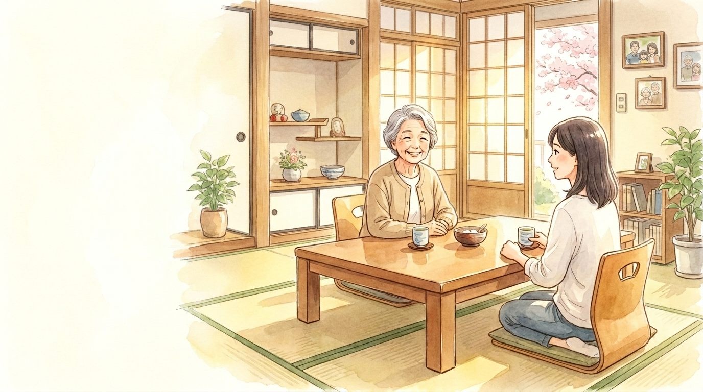 和室で母と娘がお茶を飲みながら話すイラスト
